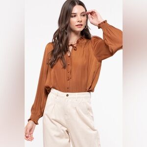 perch by Blu Pepper Brown Satin Blouse with Ruffles